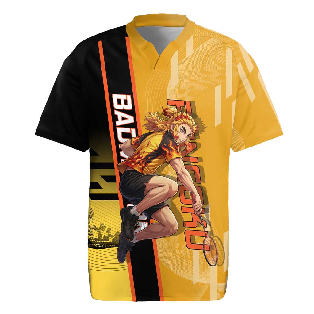 Personalized Rengoku Anime Badminton Theme Rugby Jersey with Racket Action Pose and Fiery Yellow Black Graphic Design - The Mazicc