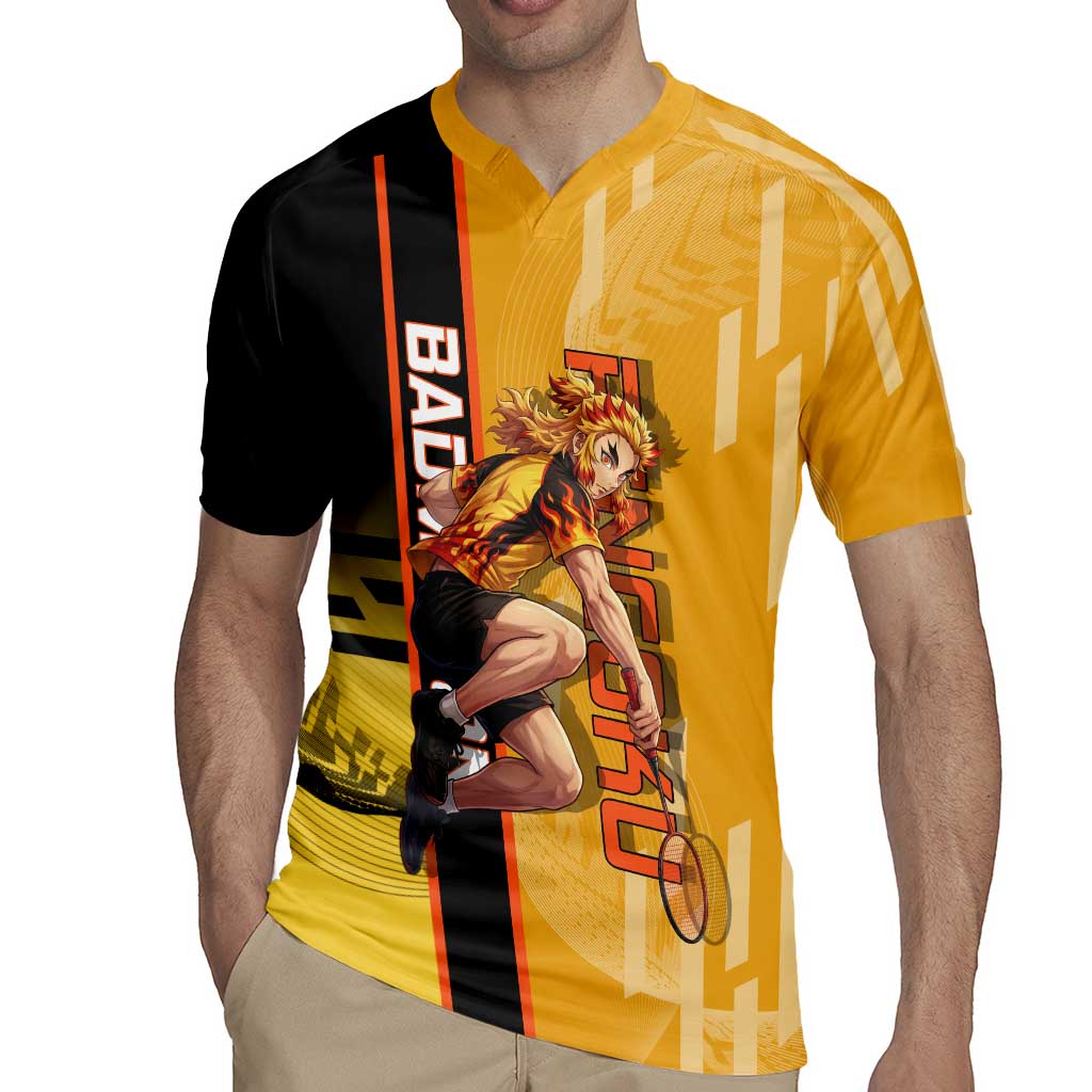 Personalized Rengoku Anime Badminton Theme Rugby Jersey with Racket Action Pose and Fiery Yellow Black Graphic Design - The Mazicc