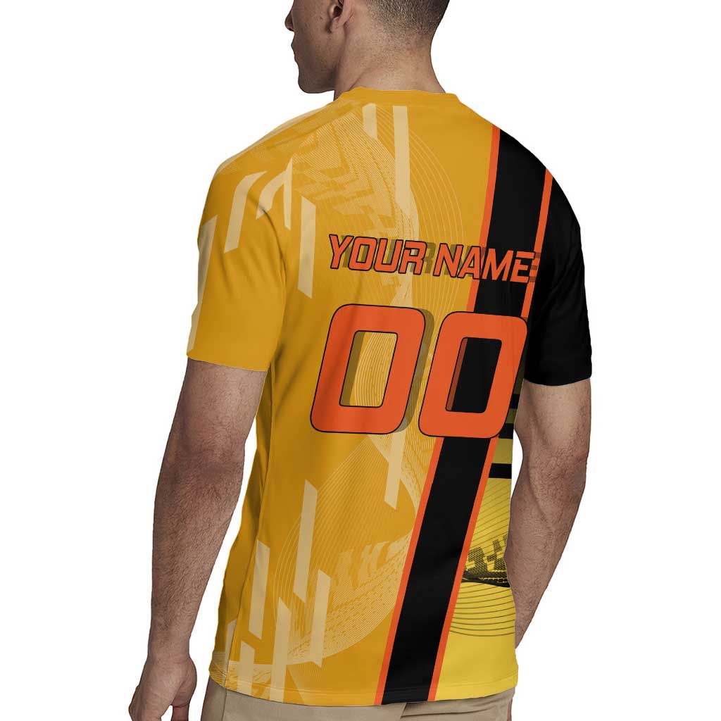 Personalized Rengoku Anime Badminton Theme Rugby Jersey with Racket Action Pose and Fiery Yellow Black Graphic Design - The Mazicc