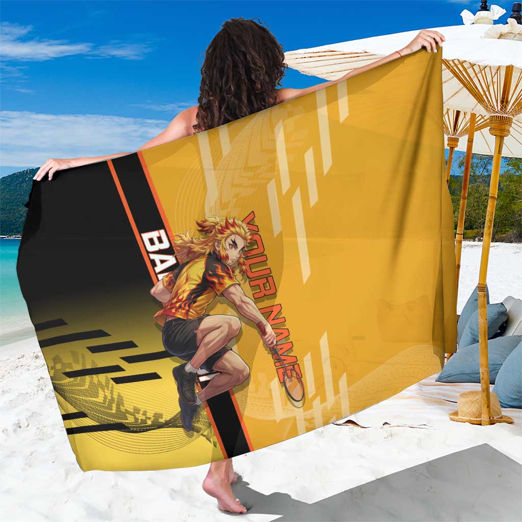 Personalized Rengoku Anime Badminton Theme Sarong with Racket Action Pose and Fiery Yellow Black Graphic Design - The Mazicc
