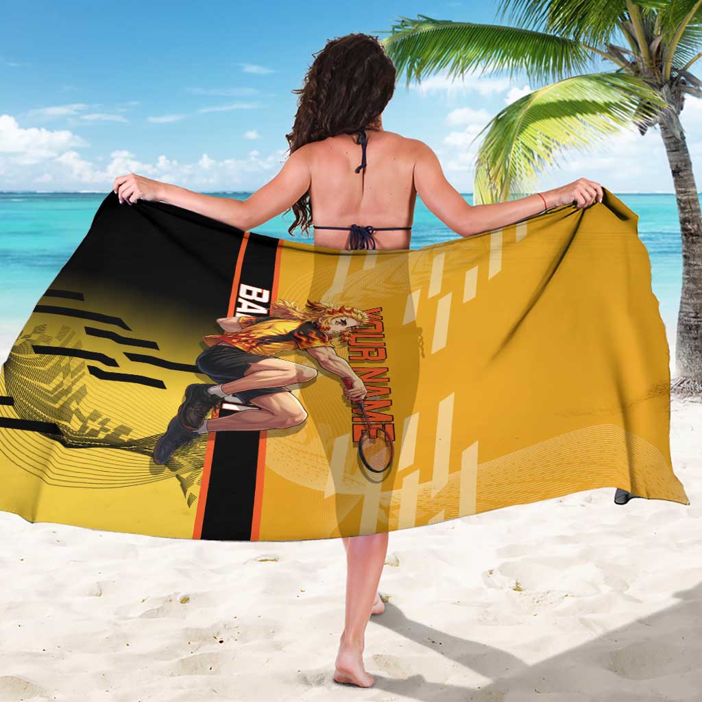 Personalized Rengoku Anime Badminton Theme Sarong with Racket Action Pose and Fiery Yellow Black Graphic Design - The Mazicc