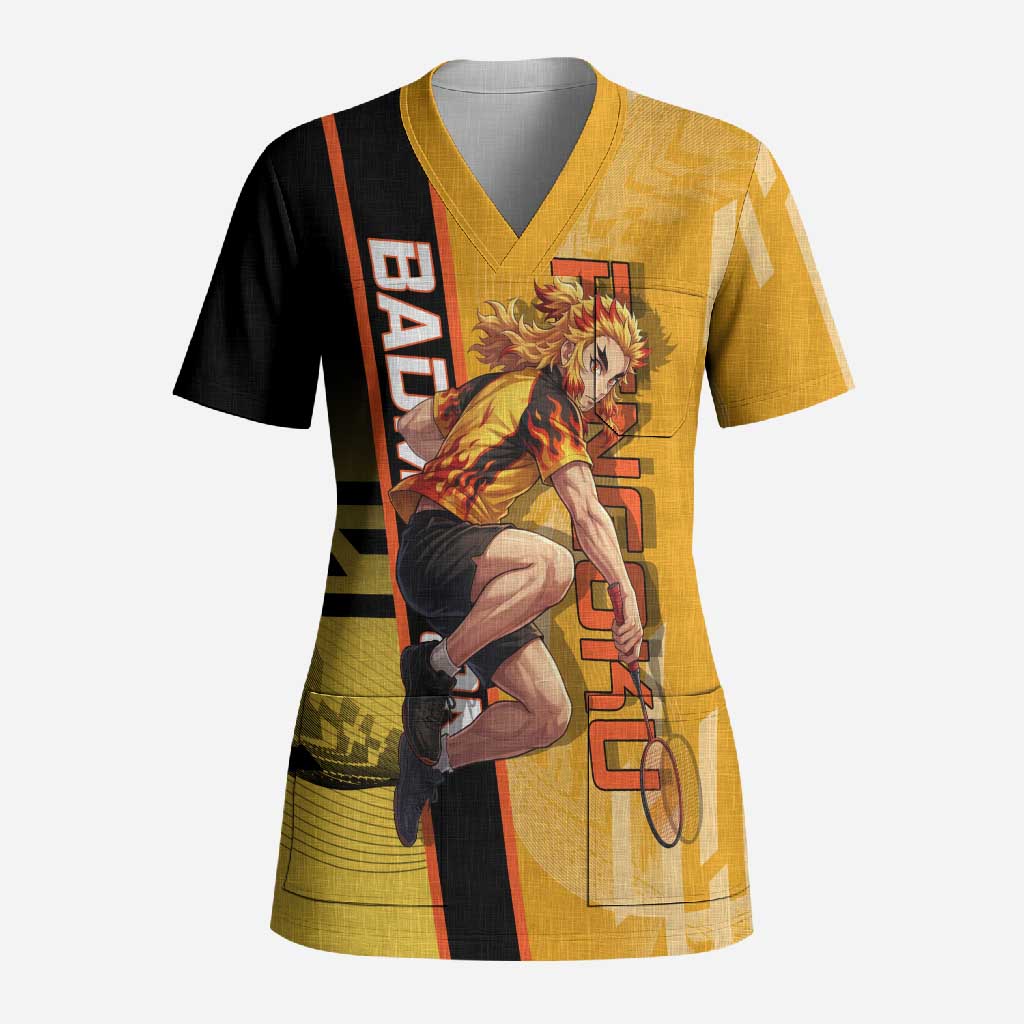 Personalized Rengoku Anime Badminton Theme Scrub Top with Racket Action Pose and Fiery Yellow Black Graphic Design - The Mazicc