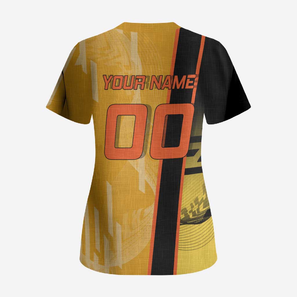 Personalized Rengoku Anime Badminton Theme Scrub Top with Racket Action Pose and Fiery Yellow Black Graphic Design - The Mazicc