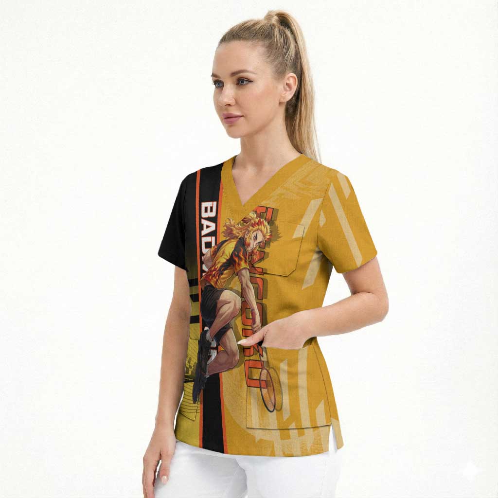 Personalized Rengoku Anime Badminton Theme Scrub Top with Racket Action Pose and Fiery Yellow Black Graphic Design - The Mazicc
