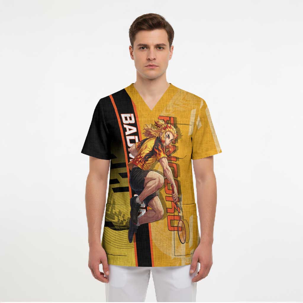 Personalized Rengoku Anime Badminton Theme Scrub Top with Racket Action Pose and Fiery Yellow Black Graphic Design - The Mazicc