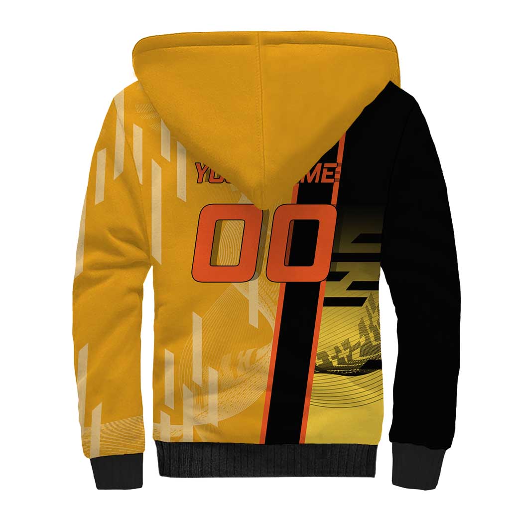 Personalized Rengoku Anime Badminton Theme Sherpa Hoodie with Racket Action Pose and Fiery Yellow Black Graphic Design - The Mazicc