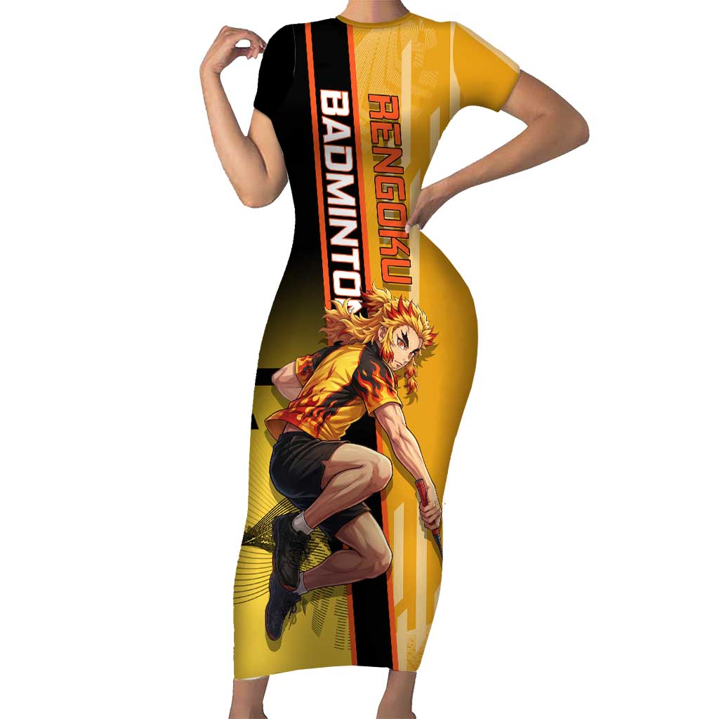 Personalized Rengoku Anime Badminton Theme Short Sleeve Bodycon Dress with Racket Action Pose and Fiery Yellow Black Graphic Design - The Mazicc