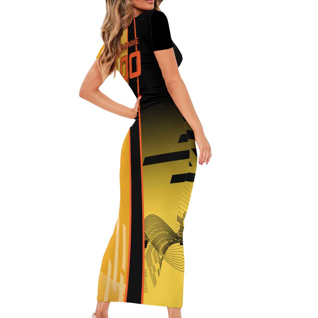 Personalized Rengoku Anime Badminton Theme Short Sleeve Bodycon Dress with Racket Action Pose and Fiery Yellow Black Graphic Design - The Mazicc