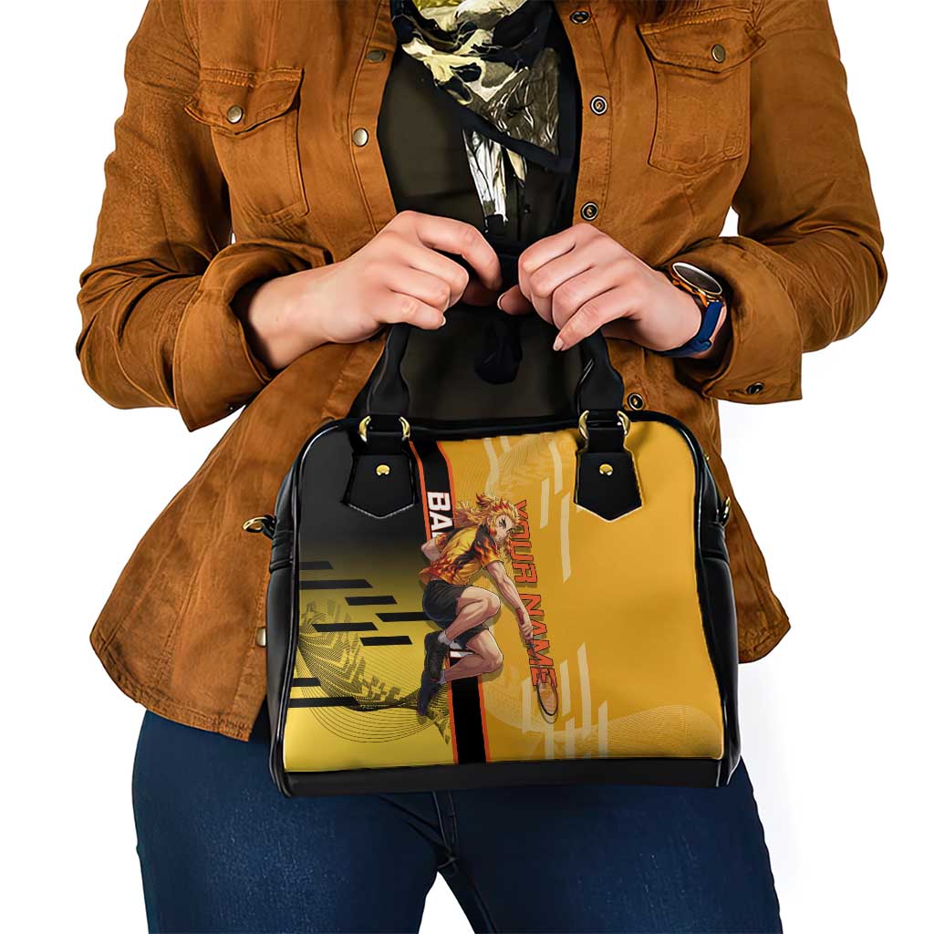 Personalized Rengoku Anime Badminton Theme Shoulder Handbag with Racket Action Pose and Fiery Yellow Black Graphic Design - The Mazicc