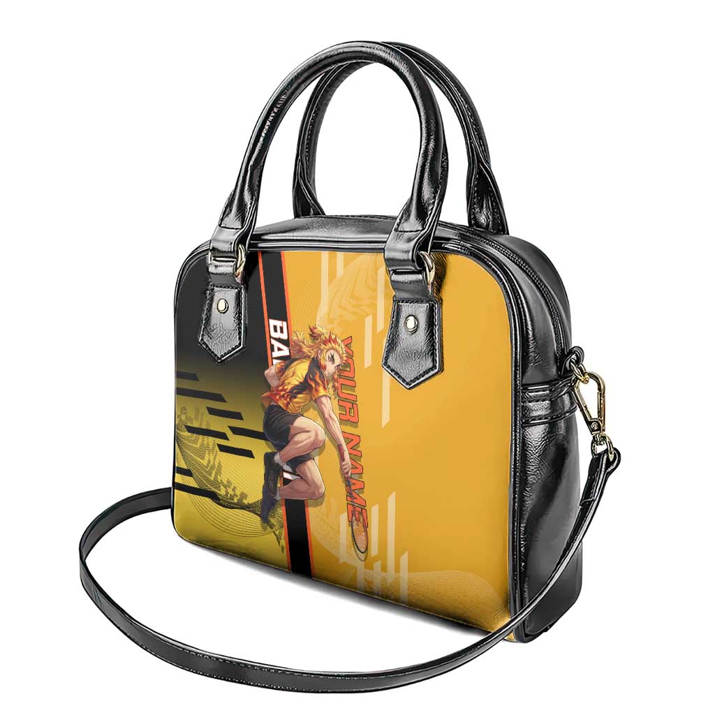 Personalized Rengoku Anime Badminton Theme Shoulder Handbag with Racket Action Pose and Fiery Yellow Black Graphic Design - The Mazicc