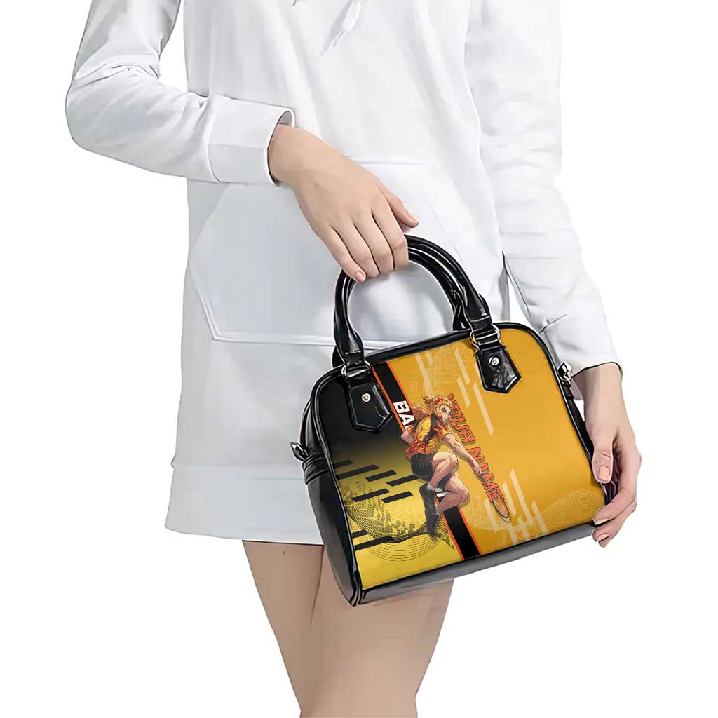 Personalized Rengoku Anime Badminton Theme Shoulder Handbag with Racket Action Pose and Fiery Yellow Black Graphic Design - The Mazicc