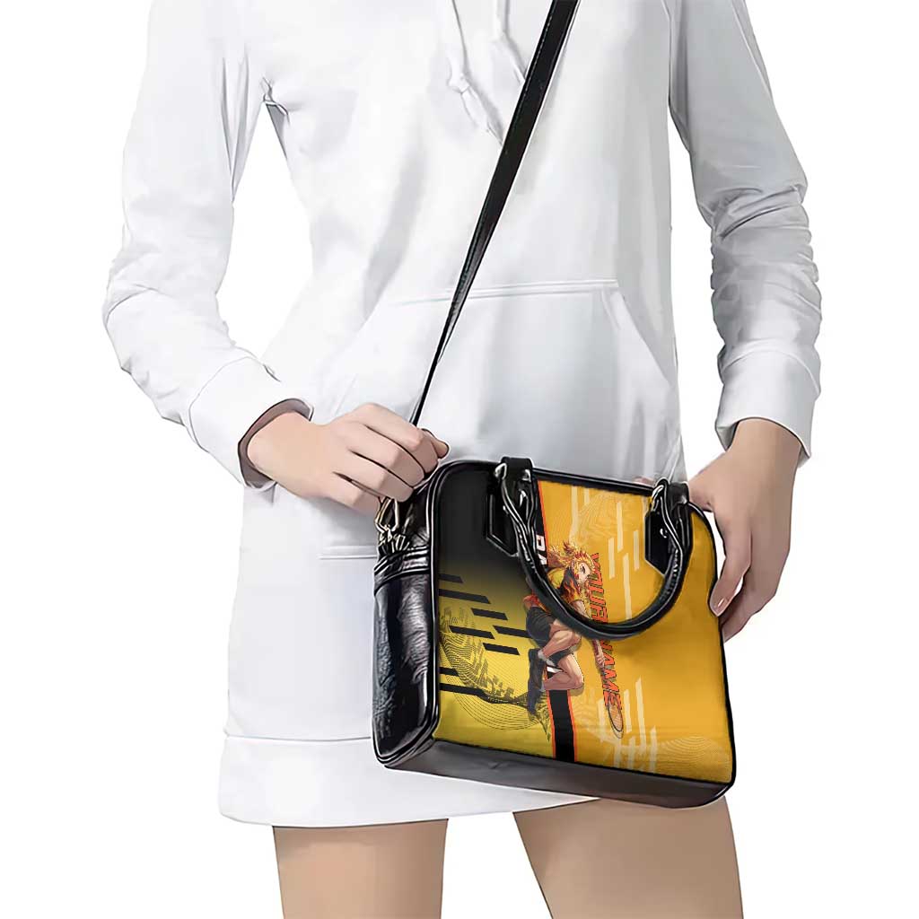 Personalized Rengoku Anime Badminton Theme Shoulder Handbag with Racket Action Pose and Fiery Yellow Black Graphic Design - The Mazicc