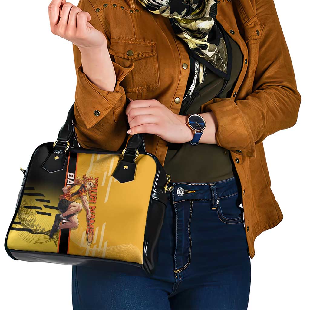 Personalized Rengoku Anime Badminton Theme Shoulder Handbag with Racket Action Pose and Fiery Yellow Black Graphic Design - The Mazicc