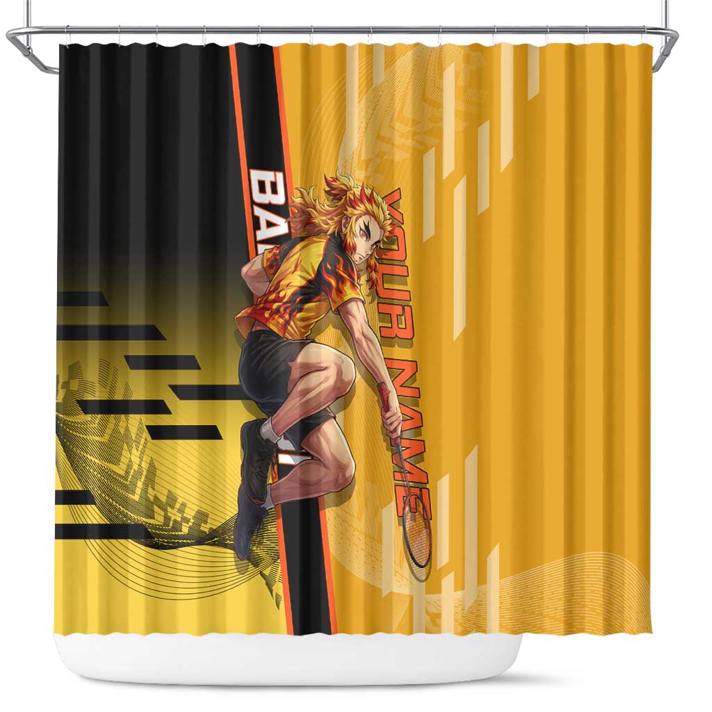 Personalized Rengoku Anime Badminton Theme Shower Curtain with Racket Action Pose and Fiery Yellow Black Graphic Design - The Mazicc