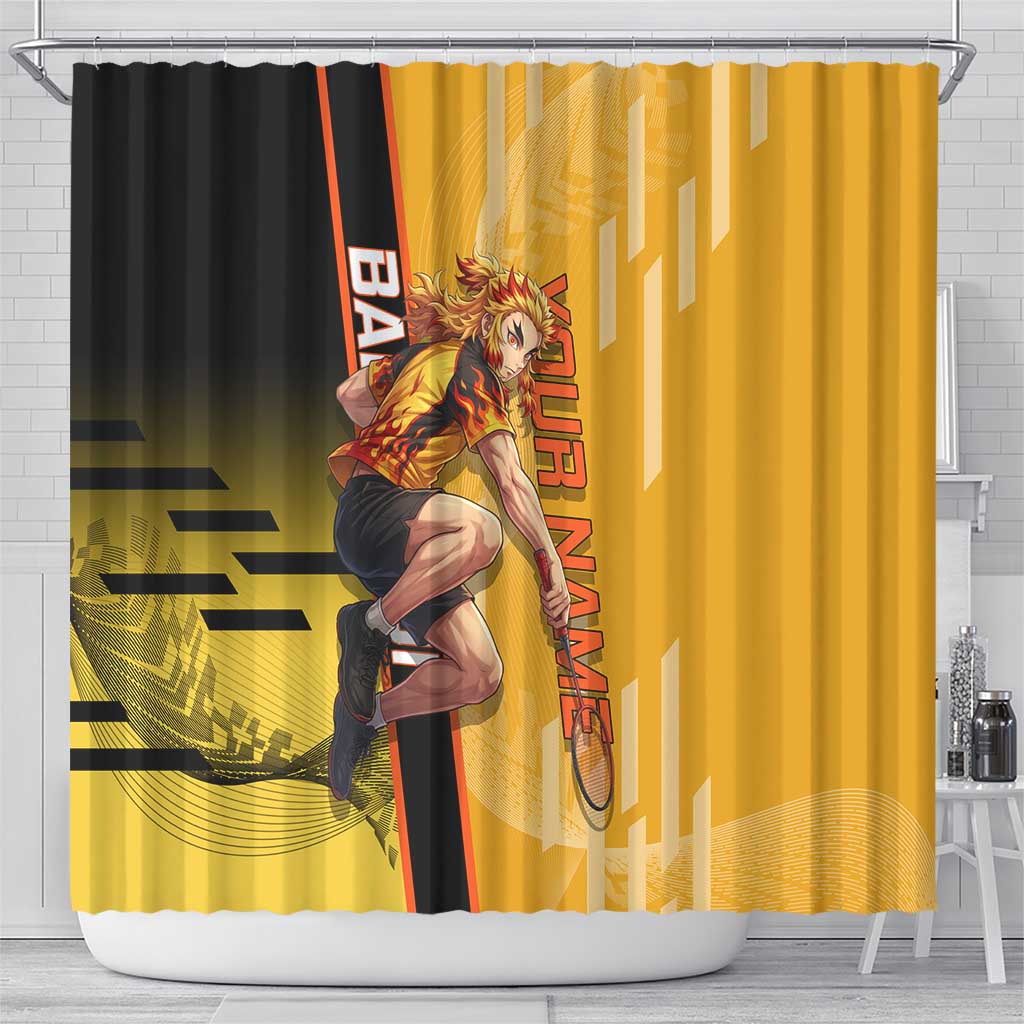 Personalized Rengoku Anime Badminton Theme Shower Curtain with Racket Action Pose and Fiery Yellow Black Graphic Design - The Mazicc