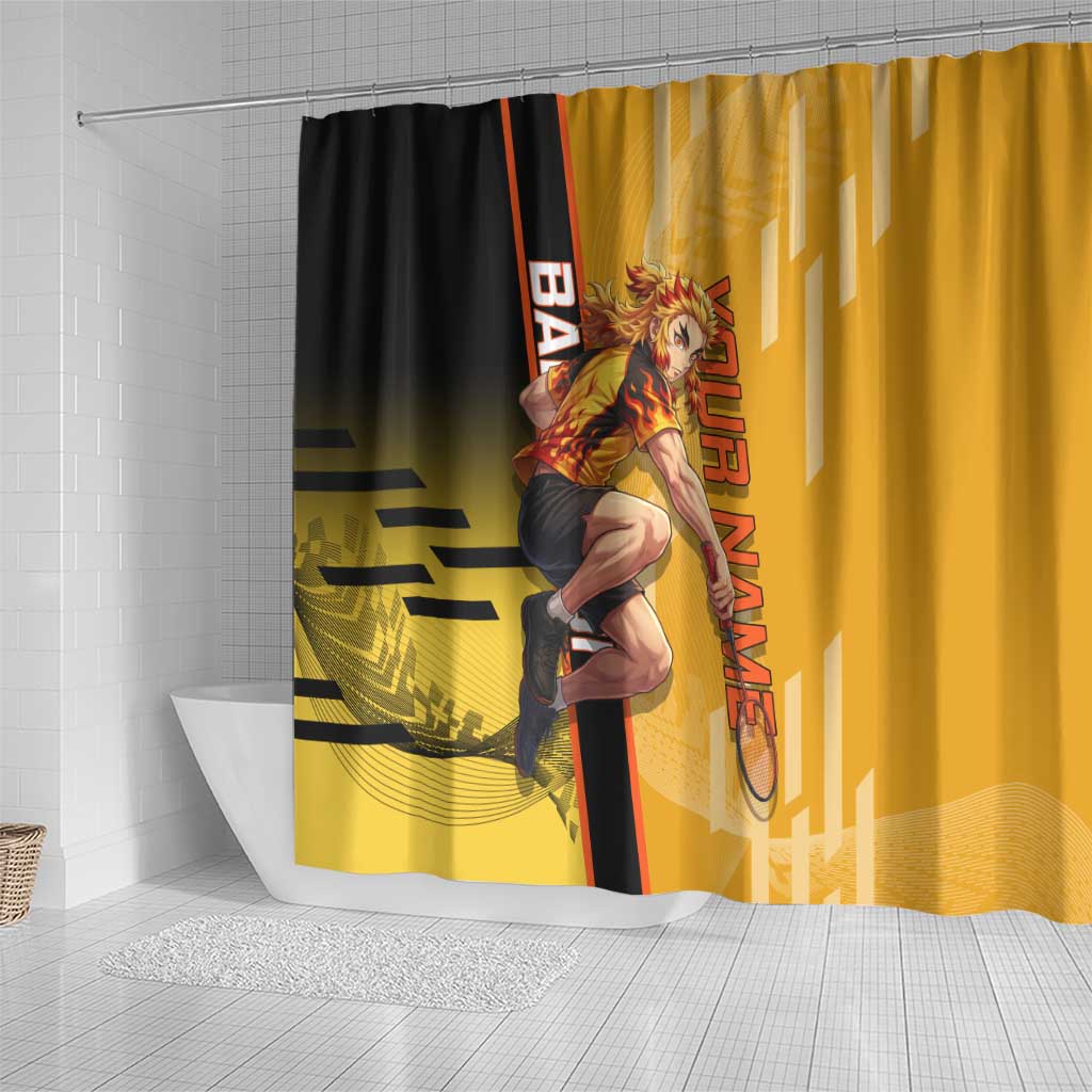 Personalized Rengoku Anime Badminton Theme Shower Curtain with Racket Action Pose and Fiery Yellow Black Graphic Design - The Mazicc