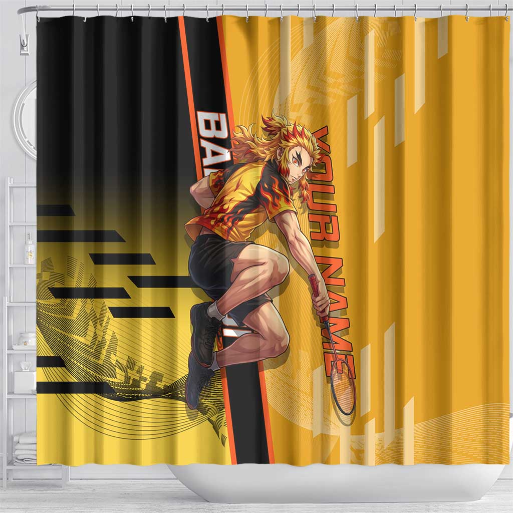 Personalized Rengoku Anime Badminton Theme Shower Curtain with Racket Action Pose and Fiery Yellow Black Graphic Design - The Mazicc