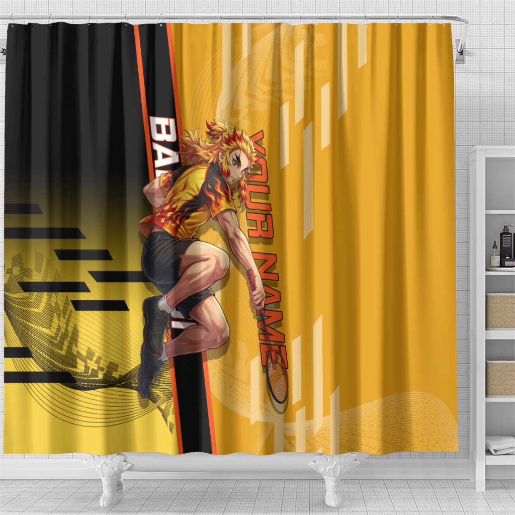 Personalized Rengoku Anime Badminton Theme Shower Curtain with Racket Action Pose and Fiery Yellow Black Graphic Design - The Mazicc