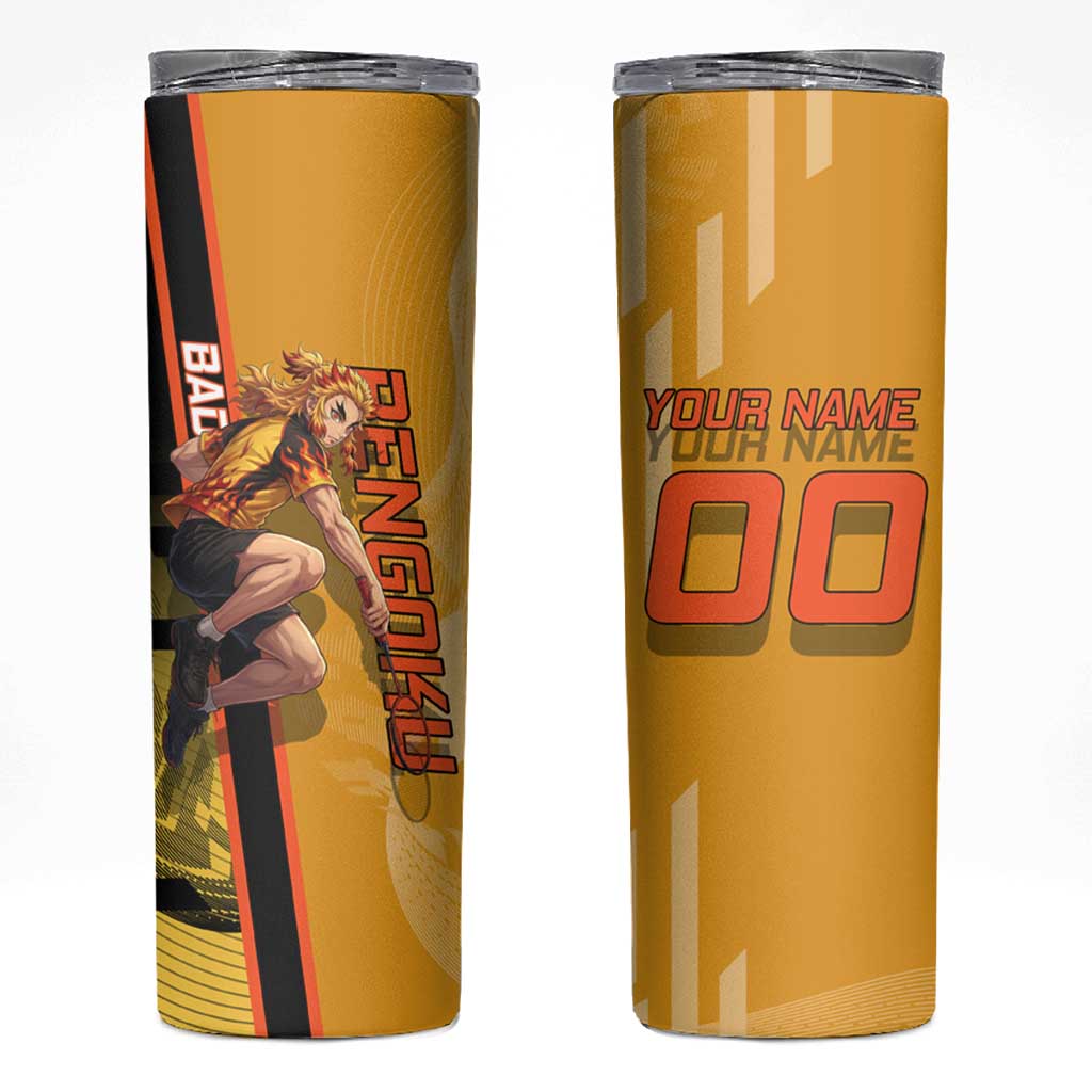 Personalized Rengoku Anime Badminton Theme Skinny Tumbler with Racket Action Pose and Fiery Yellow Black Graphic Design - The Mazicc