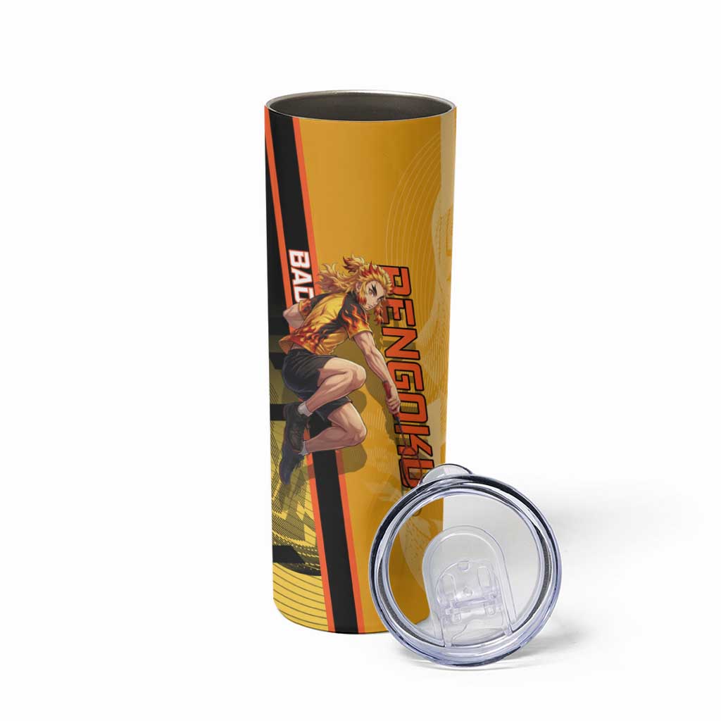 Personalized Rengoku Anime Badminton Theme Skinny Tumbler with Racket Action Pose and Fiery Yellow Black Graphic Design - The Mazicc