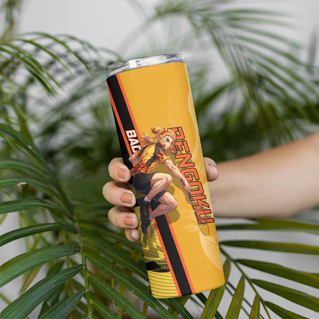 Personalized Rengoku Anime Badminton Theme Skinny Tumbler with Racket Action Pose and Fiery Yellow Black Graphic Design - The Mazicc