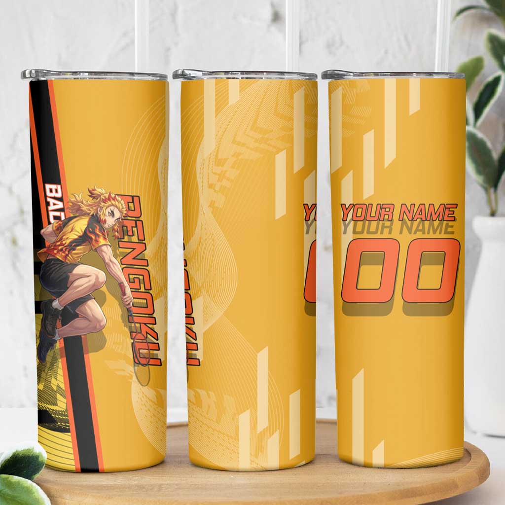 Personalized Rengoku Anime Badminton Theme Skinny Tumbler with Racket Action Pose and Fiery Yellow Black Graphic Design - The Mazicc