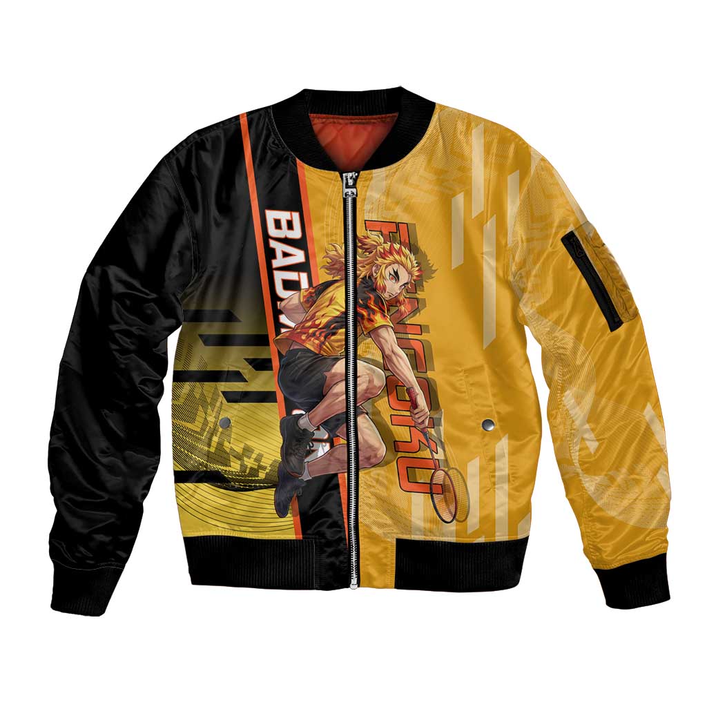 Personalized Rengoku Anime Badminton Theme Sleeve Zip Bomber Jacket with Racket Action Pose and Fiery Yellow Black Graphic Design - The Mazicc