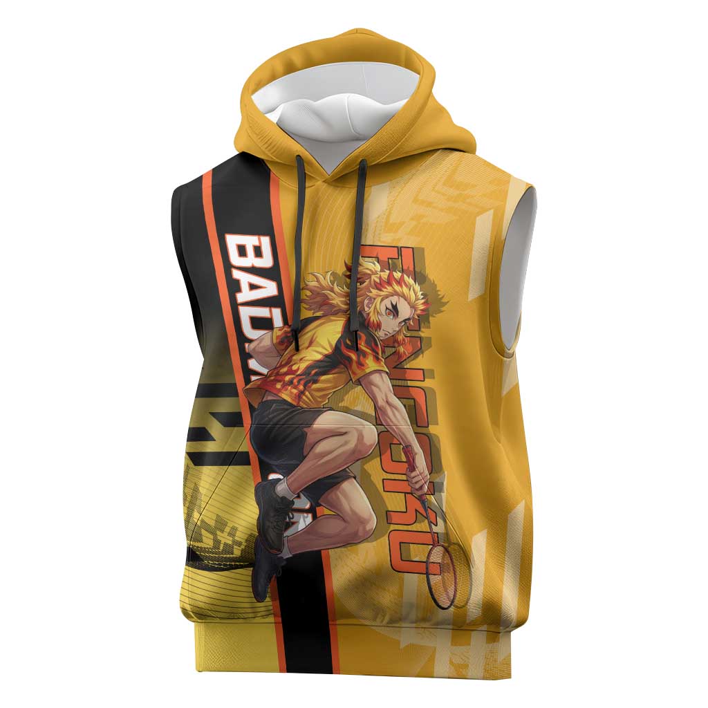 Personalized Rengoku Anime Badminton Theme Sleeveless Hoodie with Racket Action Pose and Fiery Yellow Black Graphic Design - The Mazicc