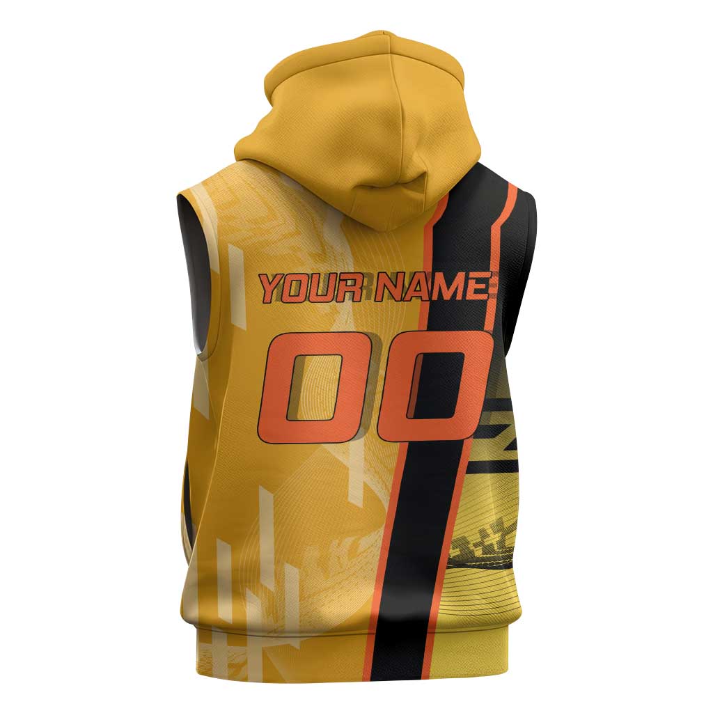 Personalized Rengoku Anime Badminton Theme Sleeveless Hoodie with Racket Action Pose and Fiery Yellow Black Graphic Design - The Mazicc