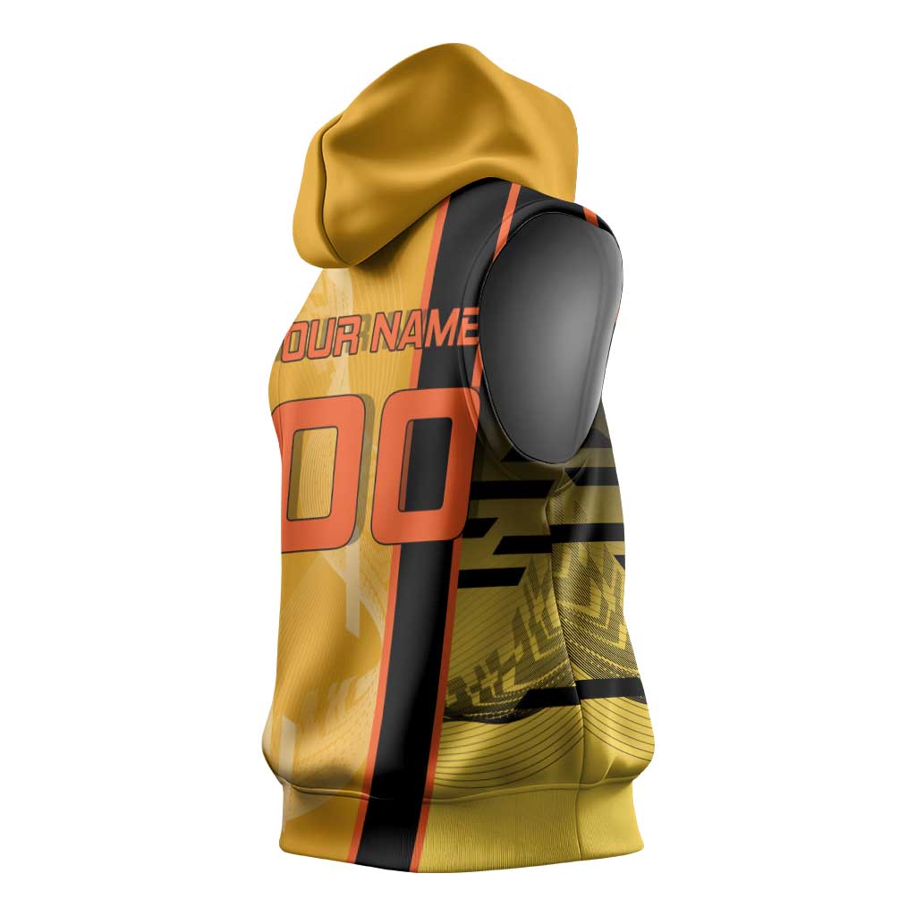 Personalized Rengoku Anime Badminton Theme Sleeveless Hoodie with Racket Action Pose and Fiery Yellow Black Graphic Design - The Mazicc