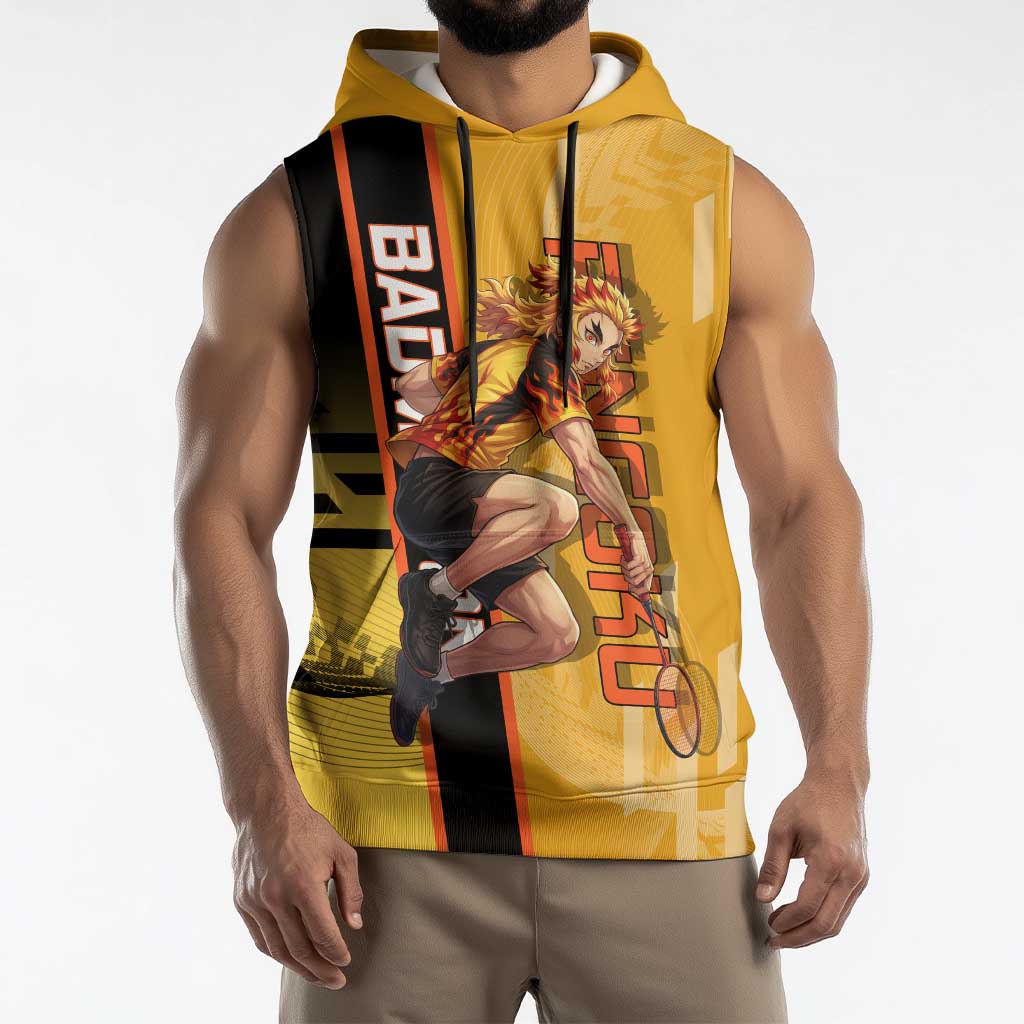 Personalized Rengoku Anime Badminton Theme Sleeveless Hoodie with Racket Action Pose and Fiery Yellow Black Graphic Design - The Mazicc