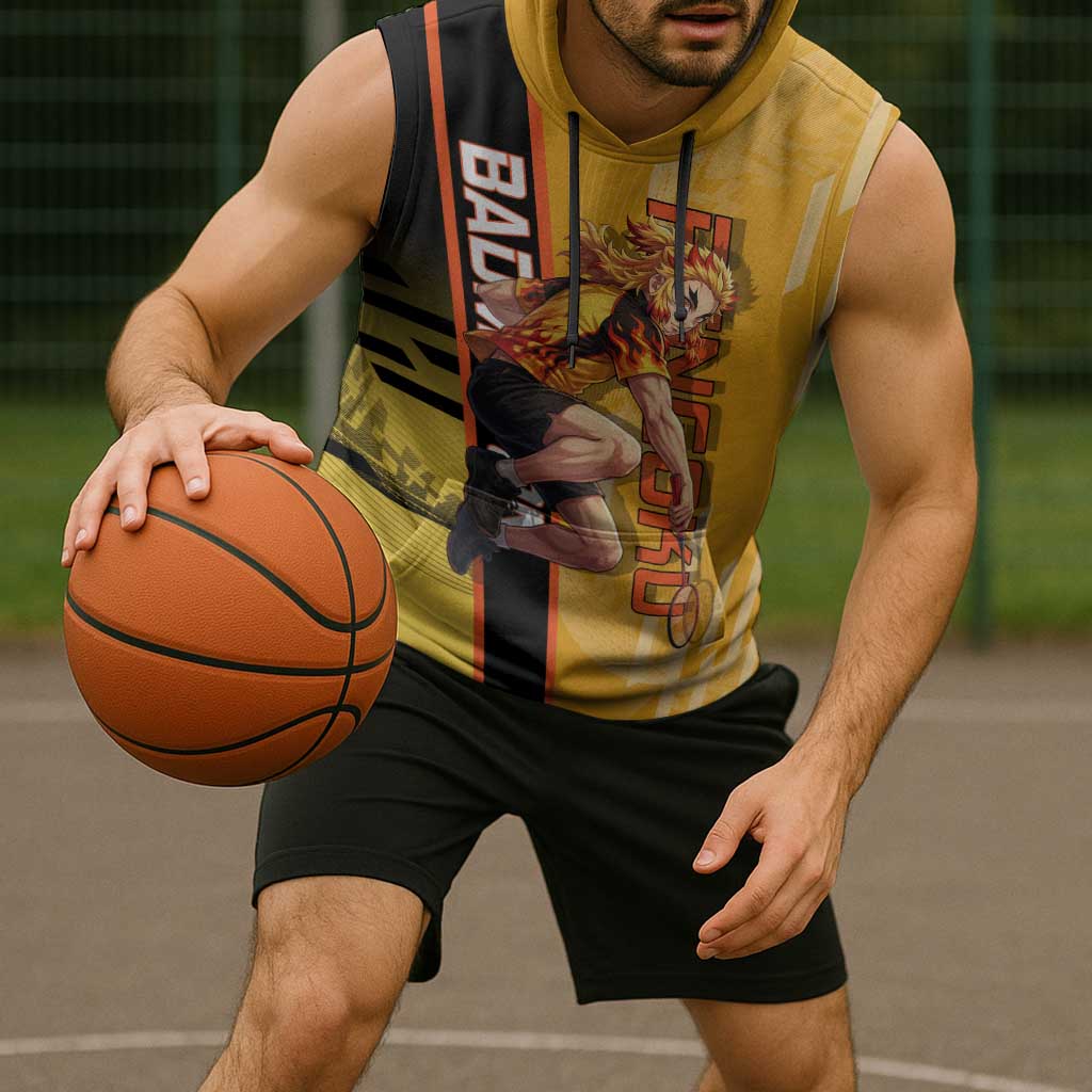 Personalized Rengoku Anime Badminton Theme Sleeveless Hoodie with Racket Action Pose and Fiery Yellow Black Graphic Design - The Mazicc