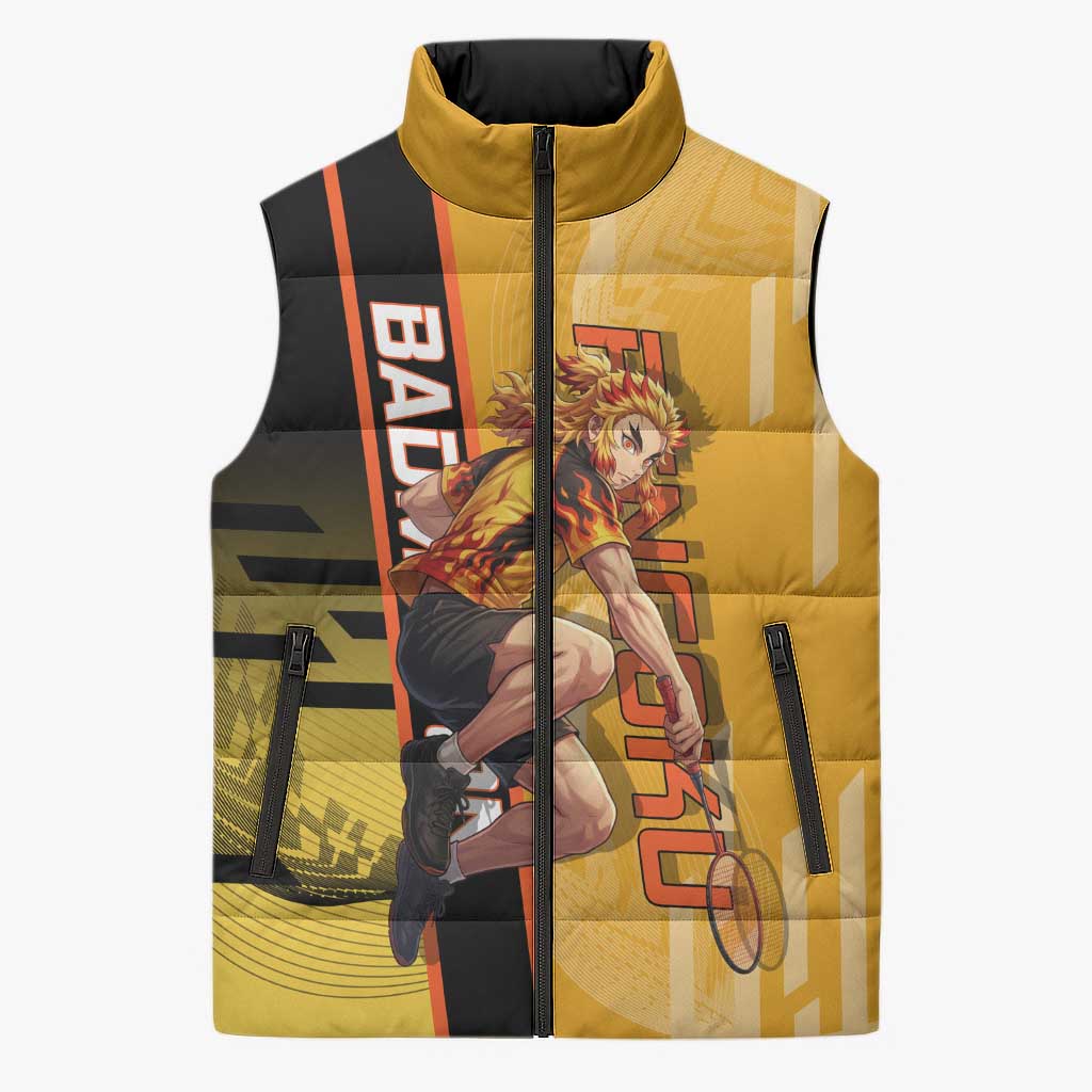 Personalized Rengoku Anime Badminton Theme Sleeveless Puffer Jacket with Racket Action Pose and Fiery Yellow Black Graphic Design - The Mazicc