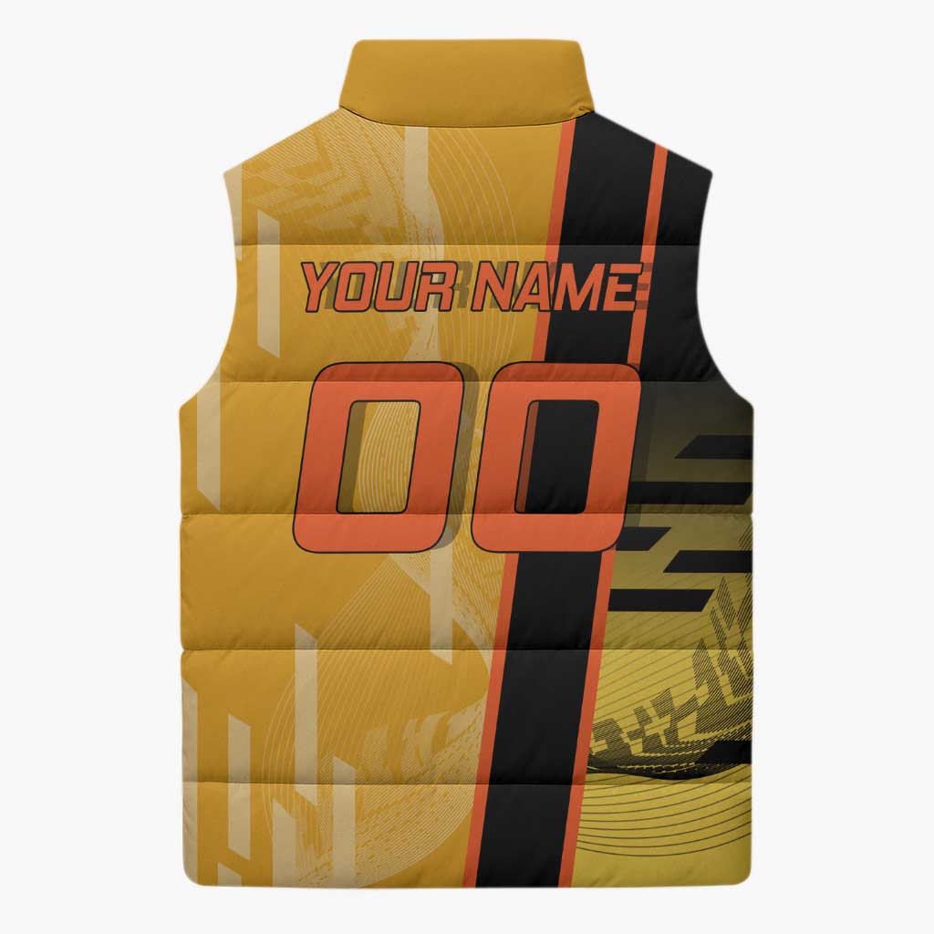 Personalized Rengoku Anime Badminton Theme Sleeveless Puffer Jacket with Racket Action Pose and Fiery Yellow Black Graphic Design - The Mazicc