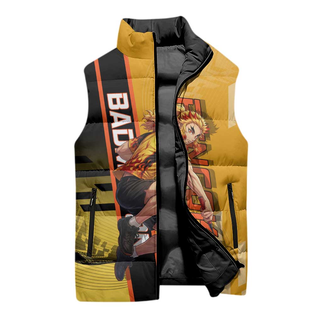 Personalized Rengoku Anime Badminton Theme Sleeveless Puffer Jacket with Racket Action Pose and Fiery Yellow Black Graphic Design - The Mazicc