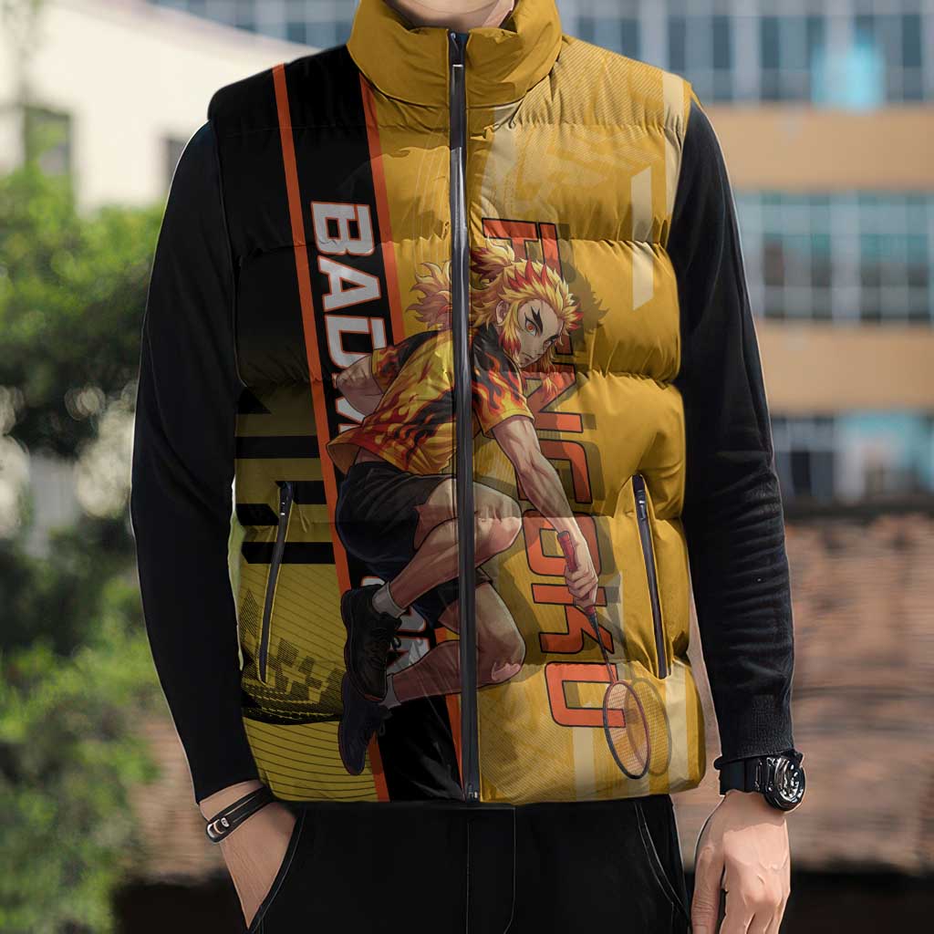 Personalized Rengoku Anime Badminton Theme Sleeveless Puffer Jacket with Racket Action Pose and Fiery Yellow Black Graphic Design - The Mazicc