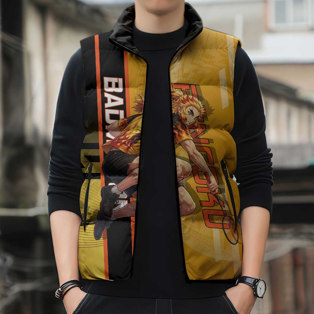 Personalized Rengoku Anime Badminton Theme Sleeveless Puffer Jacket with Racket Action Pose and Fiery Yellow Black Graphic Design - The Mazicc