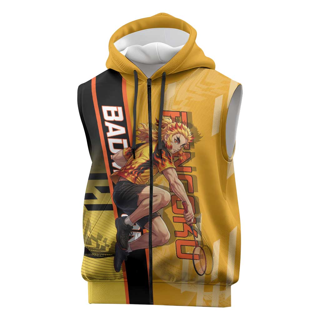 Personalized Rengoku Anime Badminton Theme Sleeveless Zip Hoodie with Racket Action Pose and Fiery Yellow Black Graphic Design - The Mazicc