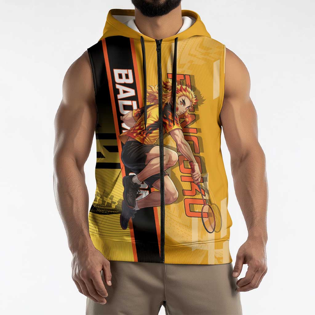 Personalized Rengoku Anime Badminton Theme Sleeveless Zip Hoodie with Racket Action Pose and Fiery Yellow Black Graphic Design - The Mazicc