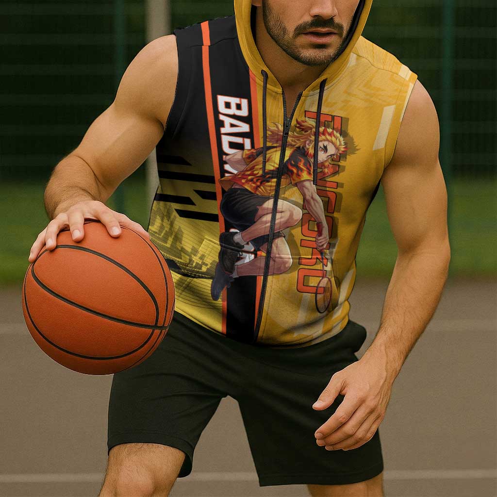 Personalized Rengoku Anime Badminton Theme Sleeveless Zip Hoodie with Racket Action Pose and Fiery Yellow Black Graphic Design - The Mazicc