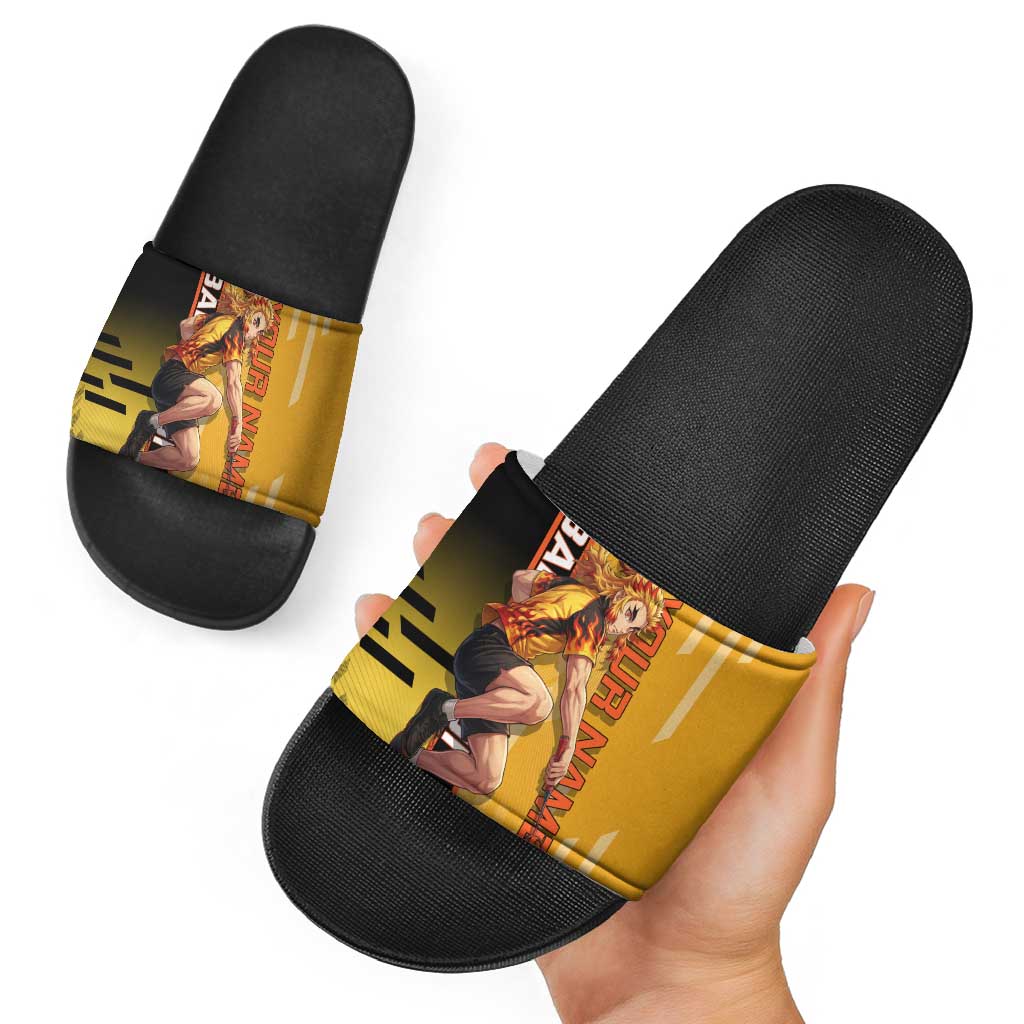 Personalized Rengoku Anime Badminton Theme Slide Sandals with Racket Action Pose and Fiery Yellow Black Graphic Design - The Mazicc