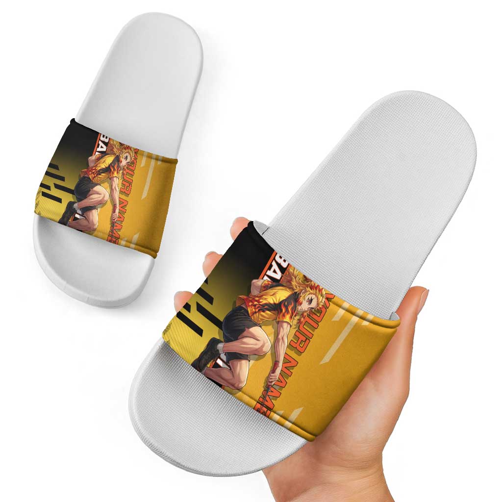 Personalized Rengoku Anime Badminton Theme Slide Sandals with Racket Action Pose and Fiery Yellow Black Graphic Design - The Mazicc