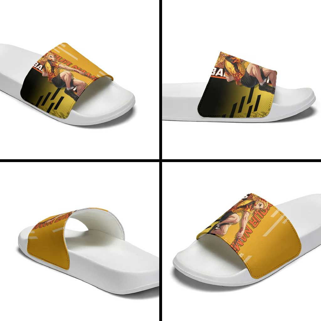 Personalized Rengoku Anime Badminton Theme Slide Sandals with Racket Action Pose and Fiery Yellow Black Graphic Design - The Mazicc