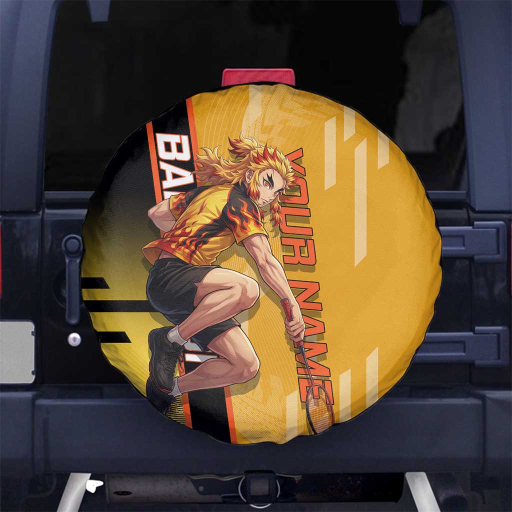 Personalized Rengoku Anime Badminton Theme Spare Tire Cover with Racket Action Pose and Fiery Yellow Black Graphic Design - The Mazicc