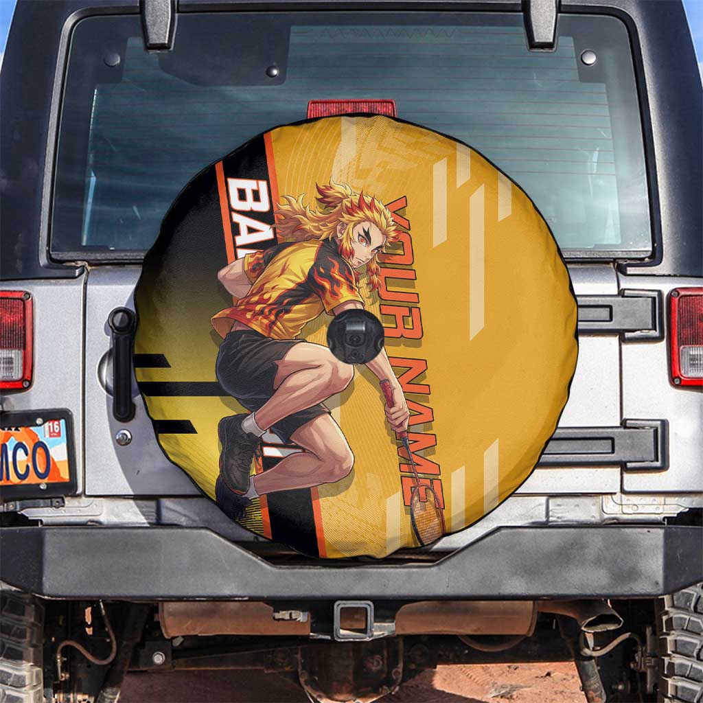 Personalized Rengoku Anime Badminton Theme Spare Tire Cover with Racket Action Pose and Fiery Yellow Black Graphic Design - The Mazicc