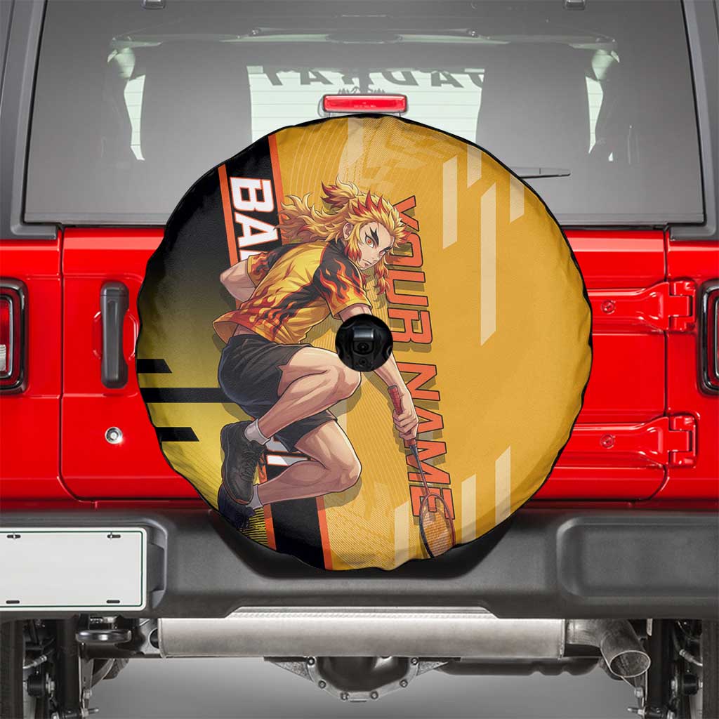 Personalized Rengoku Anime Badminton Theme Spare Tire Cover with Racket Action Pose and Fiery Yellow Black Graphic Design - The Mazicc