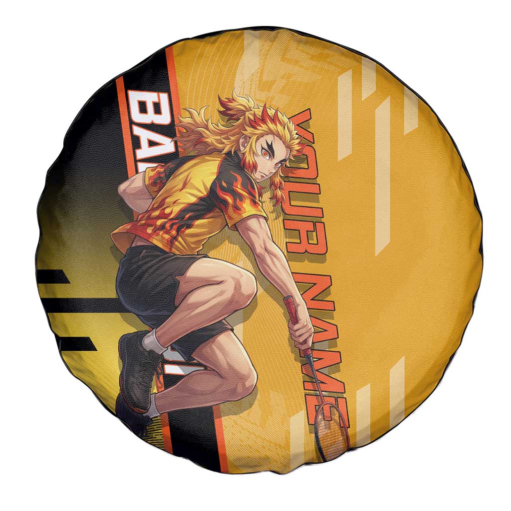 Personalized Rengoku Anime Badminton Theme Spare Tire Cover with Racket Action Pose and Fiery Yellow Black Graphic Design - The Mazicc