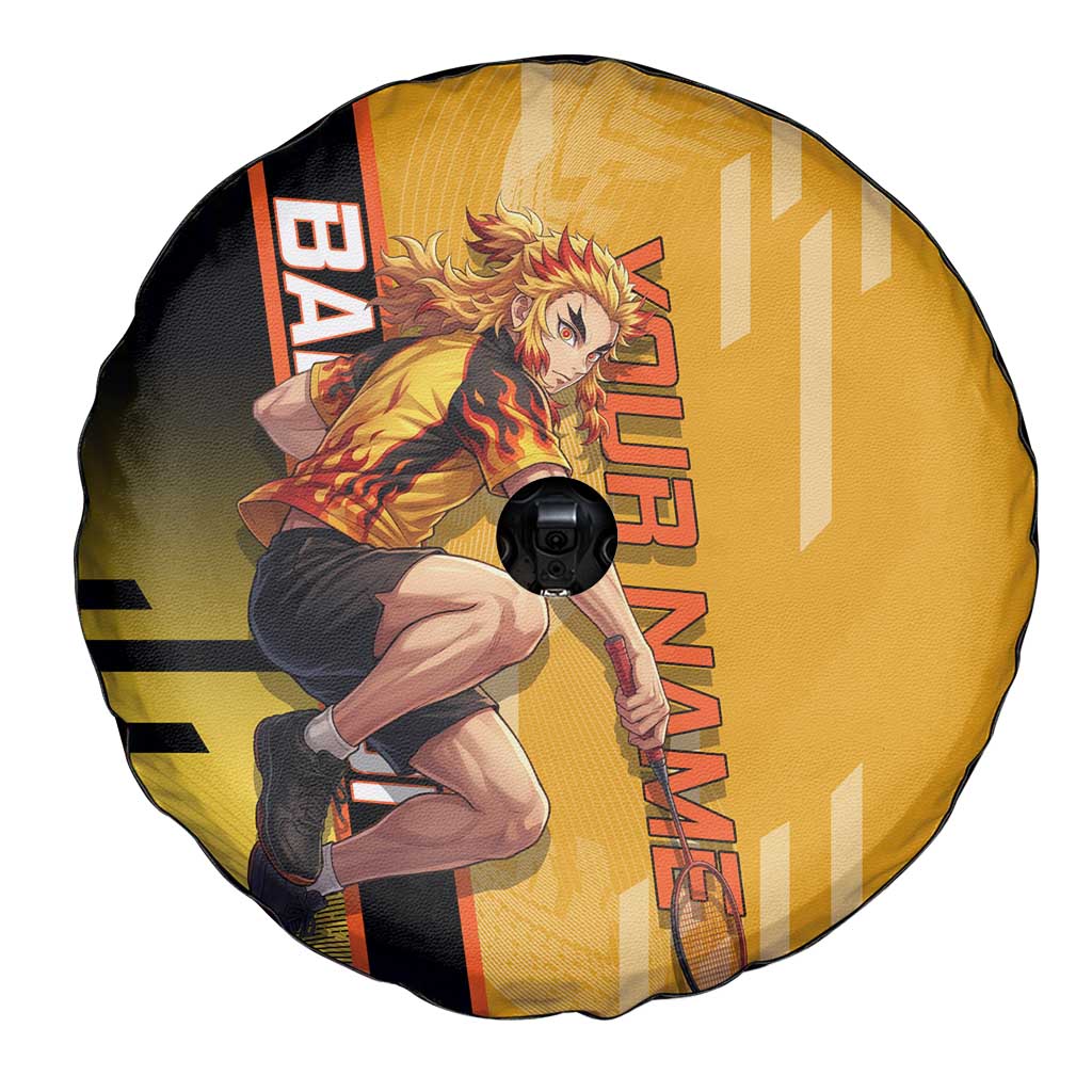 Personalized Rengoku Anime Badminton Theme Spare Tire Cover with Racket Action Pose and Fiery Yellow Black Graphic Design - The Mazicc