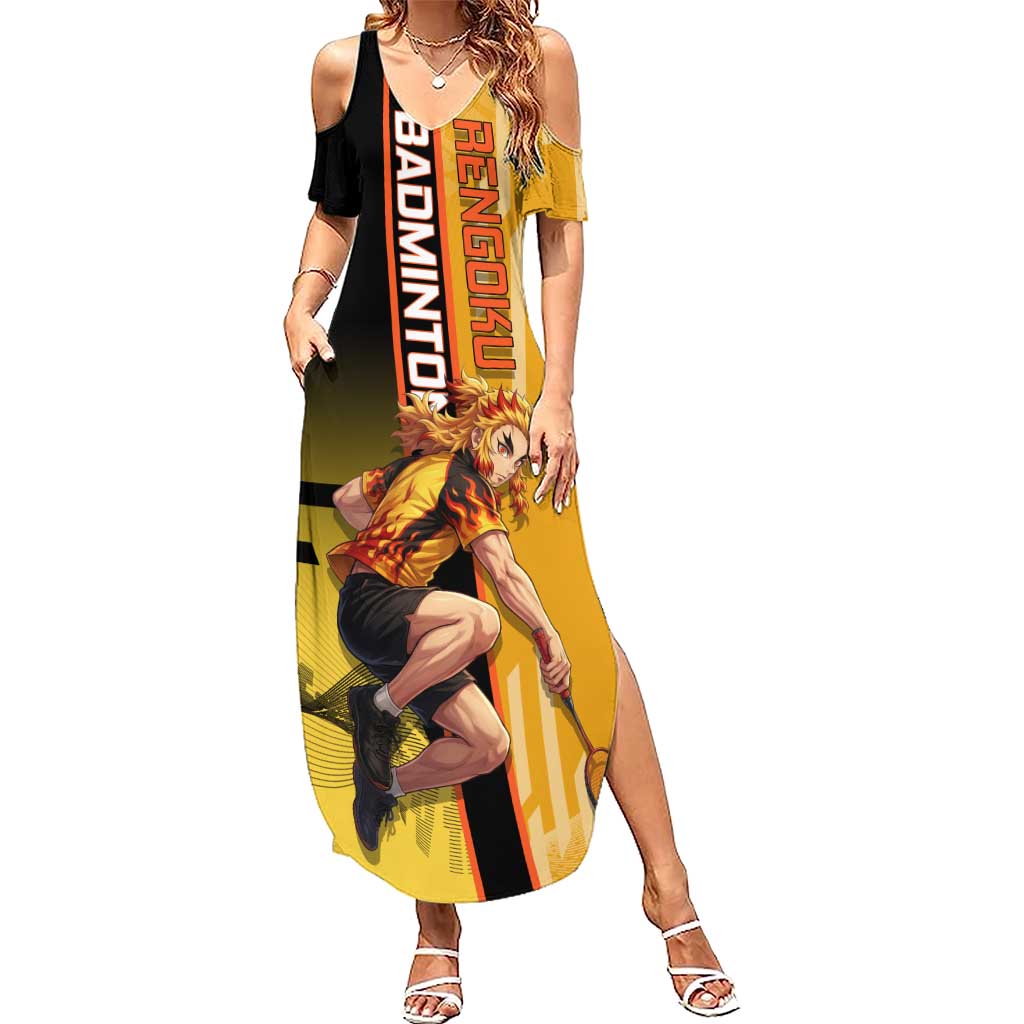 Personalized Rengoku Anime Badminton Theme Summer Maxi Dress with Racket Action Pose and Fiery Yellow Black Graphic Design - The Mazicc