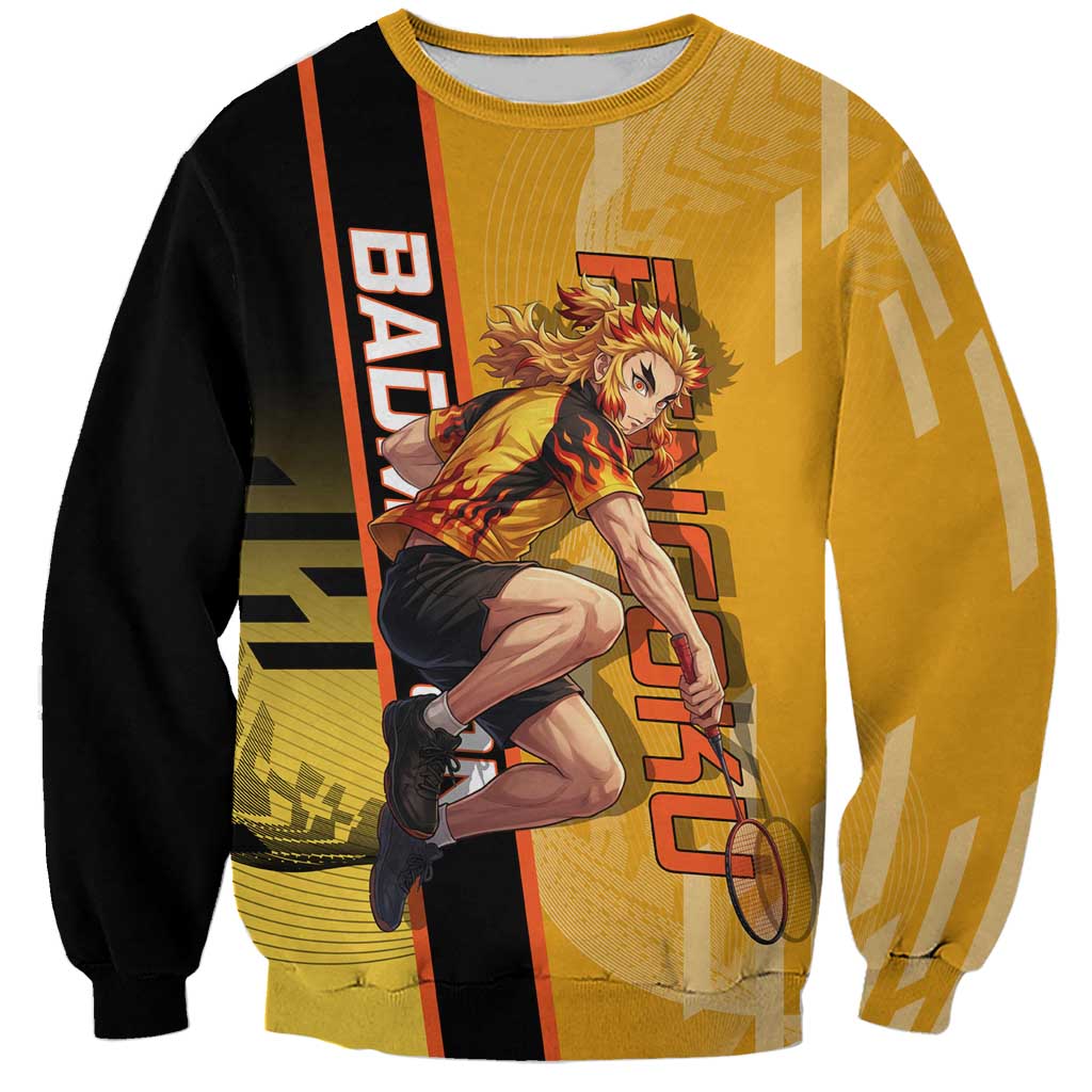 Personalized Rengoku Anime Badminton Theme Sweatshirt with Racket Action Pose and Fiery Yellow Black Graphic Design - The Mazicc